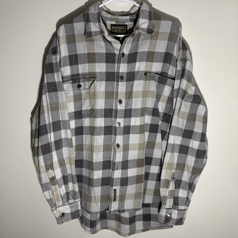 Vintage M. Fine & Sons Gray & Tan Plaid Flannel Button Down Men's Shirt Large